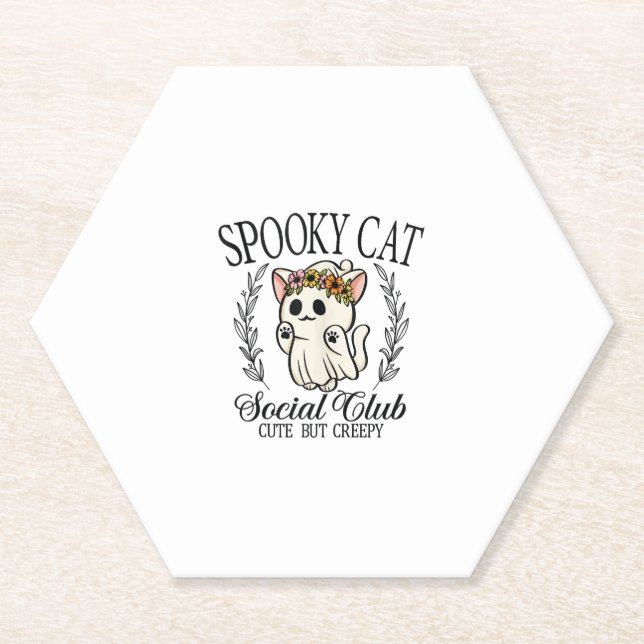 Halloween Ghost Cat Social Club Retro Creepy Cute  Paper Coaster (Front)