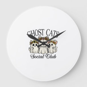 Halloween Ghost Cat Social Club Retro Spooky Cat S Large Clock