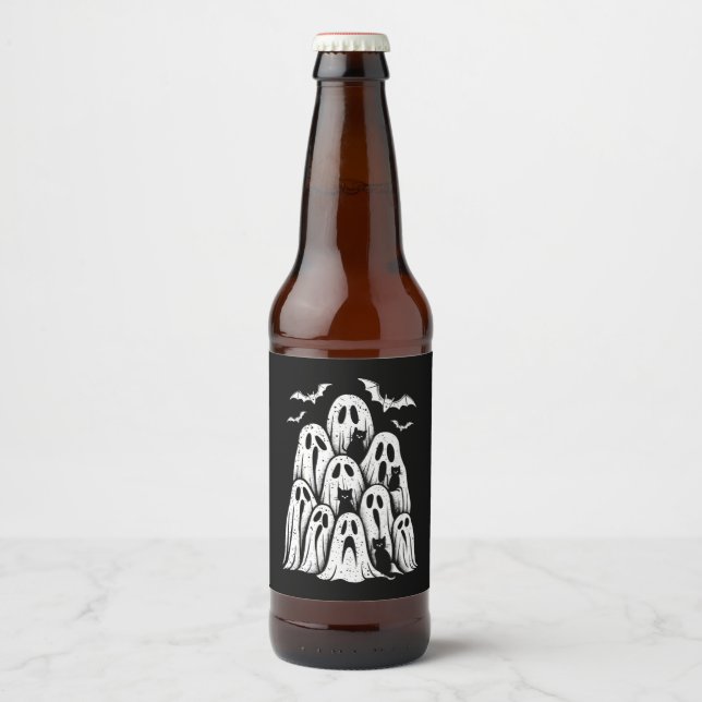 Halloween Ghost Cats Lover Fall Spooky Season Beer Bottle Label (Front)