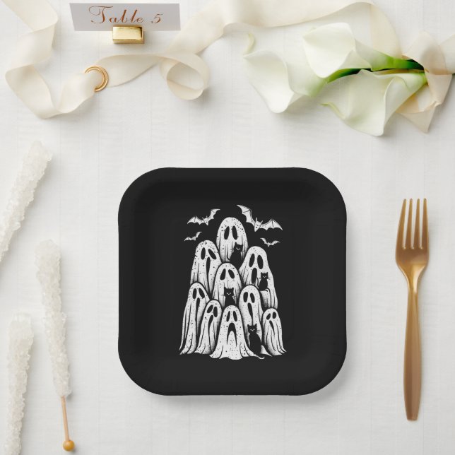 Halloween Ghost Cats Lover Fall Spooky Season Paper Plate (Wedding)