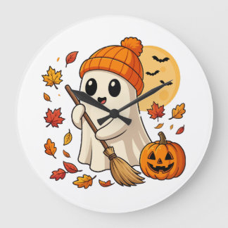 Halloween Ghost Coffee Pumpkin Spooky Season Women Large Clock