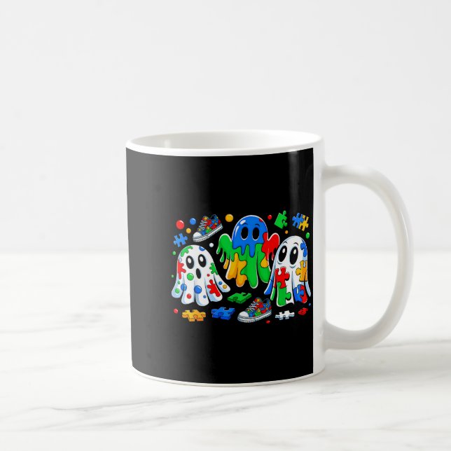 Halloween Ghost Colorful Puzzle Ribbon Autism Awar Coffee Mug (Right)