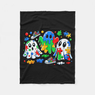 Halloween Ghost Colorful Puzzle Ribbon Autism Awar Fleece Blanket