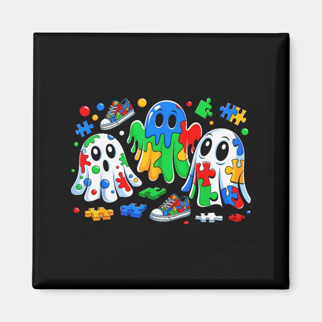 Halloween Ghost Colorful Puzzle Ribbon Autism Awar Magnet (Front)