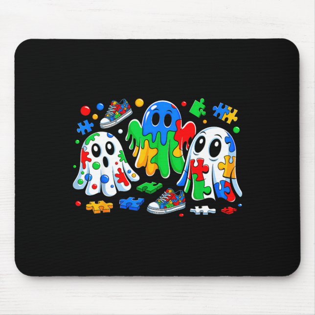 Halloween Ghost Colorful Puzzle Ribbon Autism Awar Mouse Mat (Front)