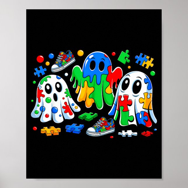Halloween Ghost Colorful Puzzle Ribbon Autism Awar Poster (Front)