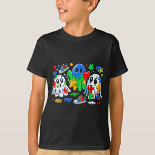 Halloween Ghost Colorful Puzzle Ribbon Autism Awar T-Shirt