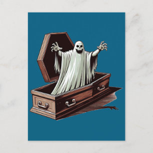 halloween ghost coming out of coffin art postcard