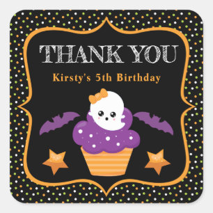 Halloween Ghost Cupcake & Polka Dots Birthday Square Sticker