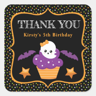 Halloween Ghost Cupcake & Polka Dots Birthday Square Sticker