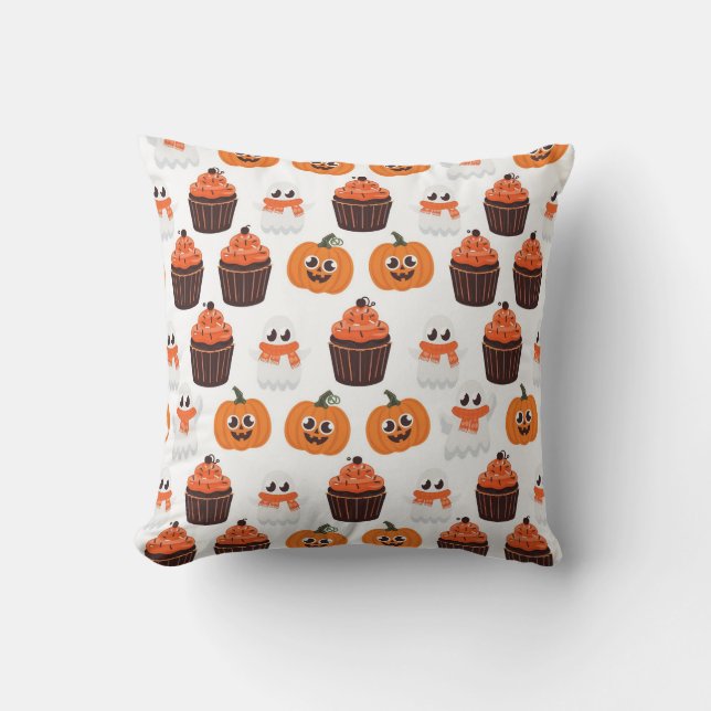 Halloween Ghost, Cupcakes and Pumpkins Cushion (Front)