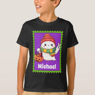 Halloween Ghost Custom Kids Name Postage Stamp T-Shirt