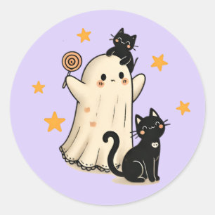 Halloween Ghost & Cute Black Cats  Classic Round Sticker