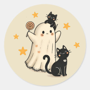Halloween Ghost & Cute Black Cats Classic Round Sticker