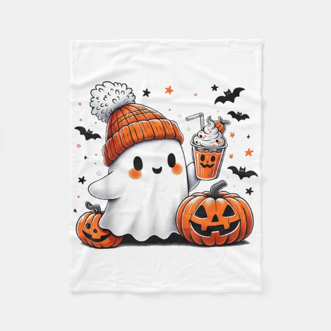 Halloween Ghost Drinking Coffee Ghost Ice Coffee M Fleece Blanket (Front)