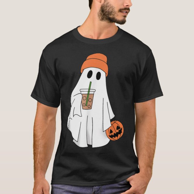  Halloween Ghost Drinking Coffee Ghost Ice Coffee  T-Shirt (Front)