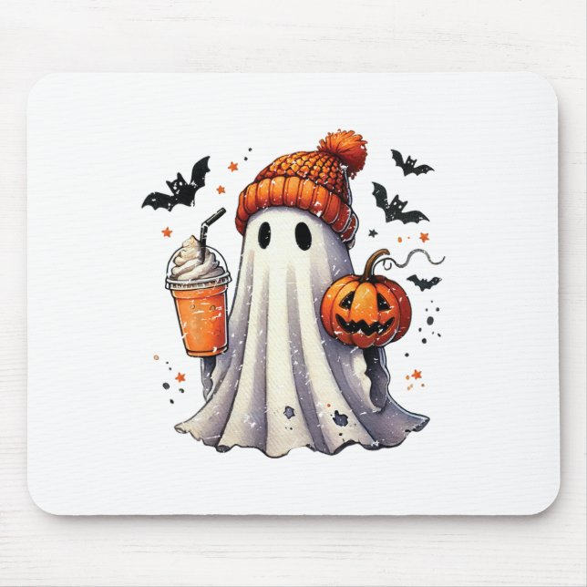 Halloween Ghost Drinking Coffee  Mouse Mat (Front)