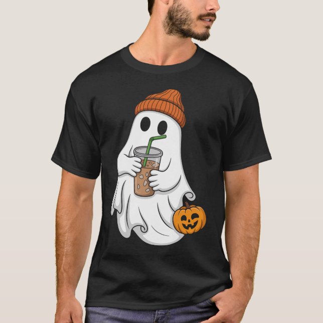 Halloween Ghost Drinking Coffee T-Shirt (Front)