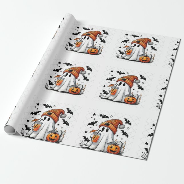  Halloween Ghost Enjoying Autumn Vibes Wrapping Paper (Unrolled)