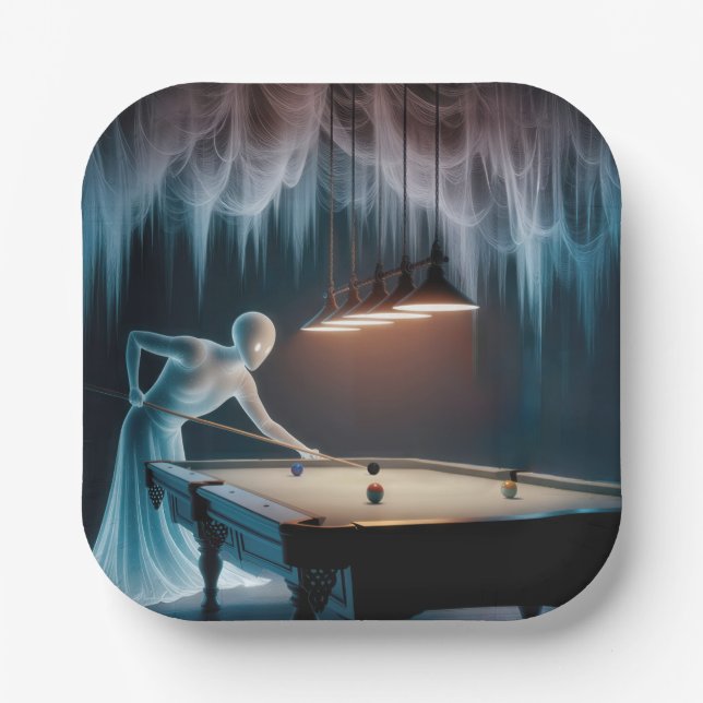 Halloween Ghost Figures Playing Billiards Paper Plate (Front)