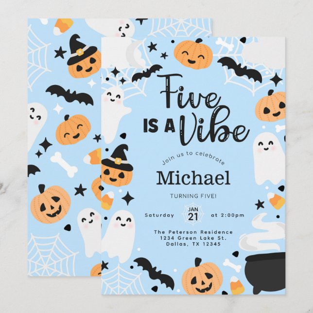 Halloween Ghost Five is A Vibe 5th Birthday Party Invitation (Front/Back)