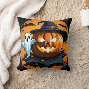 Halloween ghost floats beside a carved pumpkin cushion