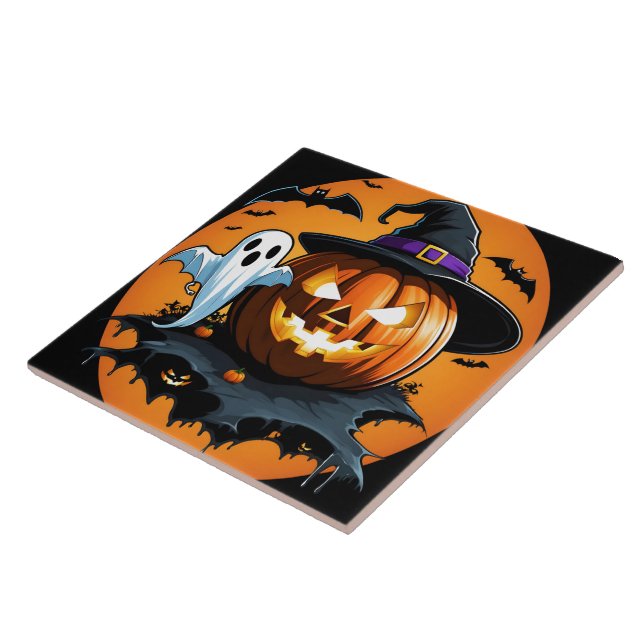 Halloween ghost floats beside a carved pumpkin tile (Side)