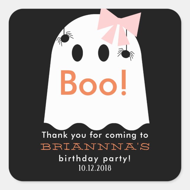 Halloween Ghost Girl Birthday Thank You Black Square Sticker (Front)