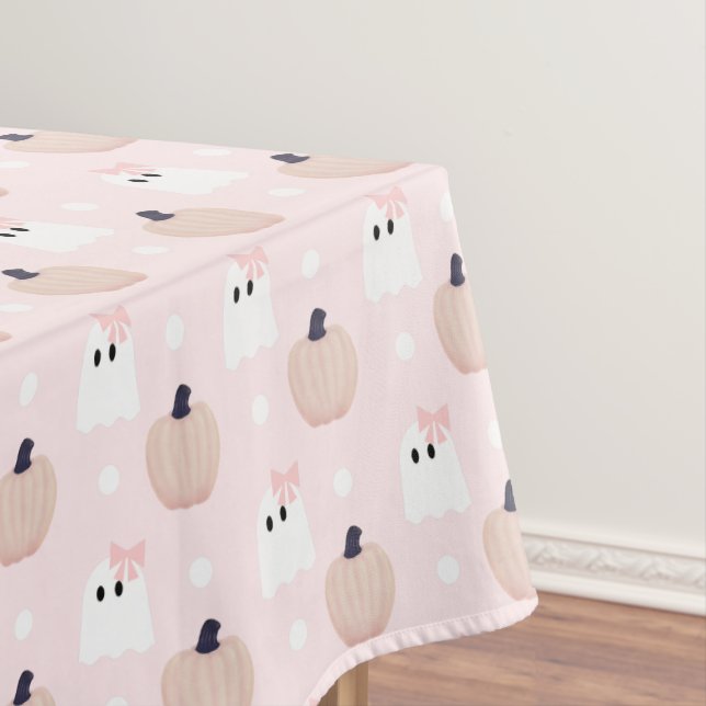 Halloween Ghost Girl & Orange Pumpkin Pink Tablecl Tablecloth (In Situ)