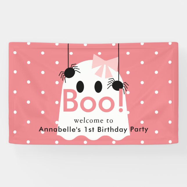 Halloween Ghost Girl Pink Ribbon Birthday Welcome Banner (Horizontal)
