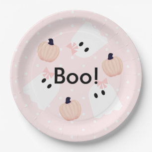 Halloween Ghost GIrl & Pumpkin Birthday Pink Paper Paper Plate