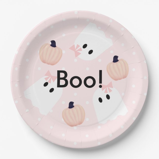 Halloween Ghost GIrl & Pumpkin Birthday Pink Paper Paper Plate (Front)