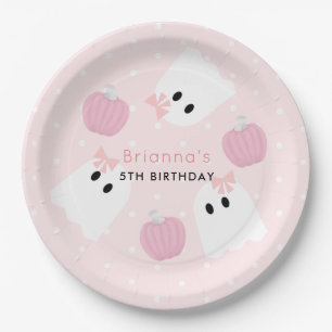 Halloween Ghost GIrl & Pumpkin Birthday Pink Paper Plate