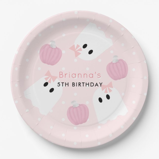 Halloween Ghost GIrl & Pumpkin Birthday Pink Paper Plate (Front)