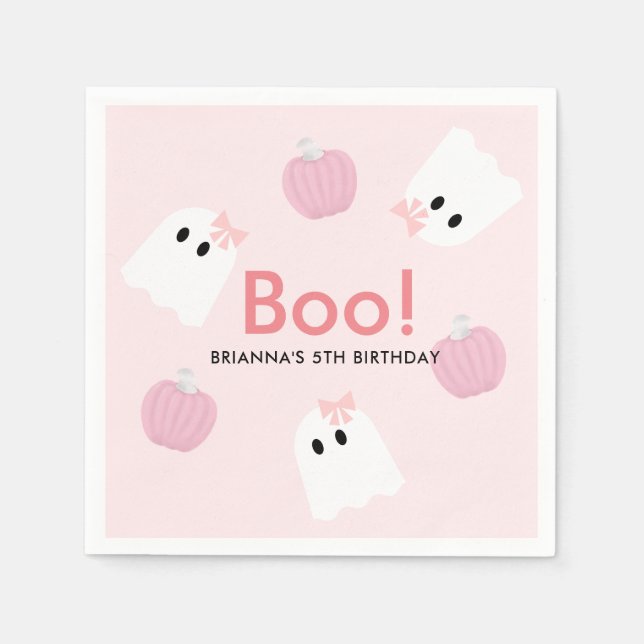 Halloween Ghost GIrl & Pumpkin Cute Pink Napkin (Front)