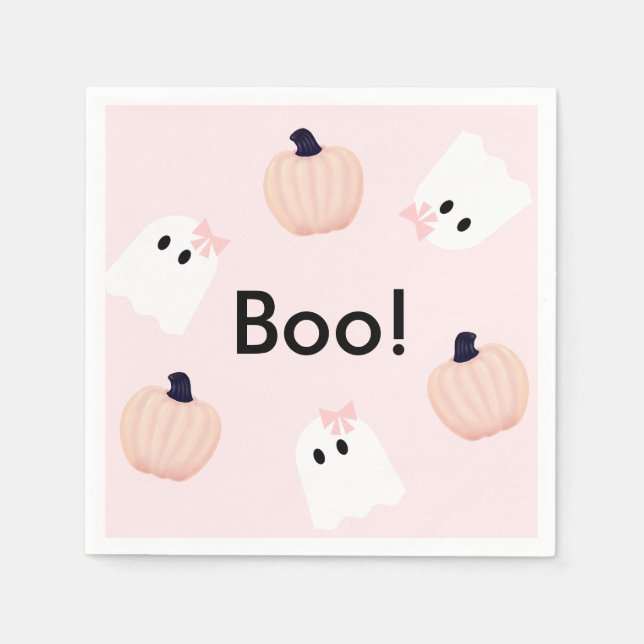 Halloween Ghost Girl & Pumpkin Cute Pink Napkins (Front)