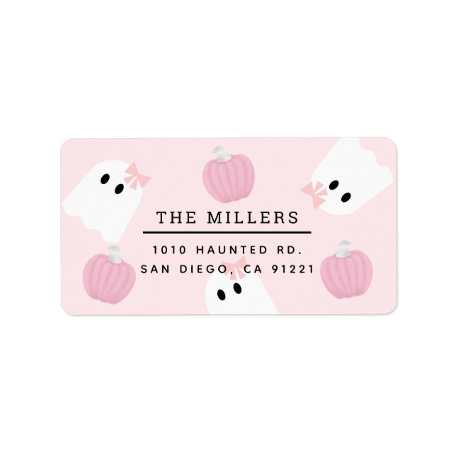 Halloween Ghost GIrl & Pumpkin Pink Address Label (Front)