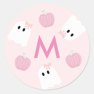 Halloween Ghost Girl & Pumpkin Pink Monogram Classic Round Sticker