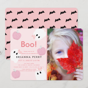 Halloween Ghost Girl Pumpkin Pink Photo Birthday Invitation