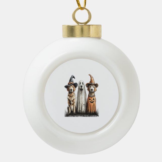 Halloween Ghost Golden Retriever Dog Ceramic Ball Christmas Ornament (Front)