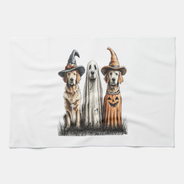 Halloween Ghost Golden Retriever Dog Tea Towel (Horizontal)