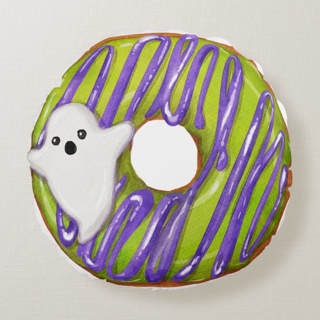 Halloween Ghost & Green Slime Doughnut Round Cushion (Front)
