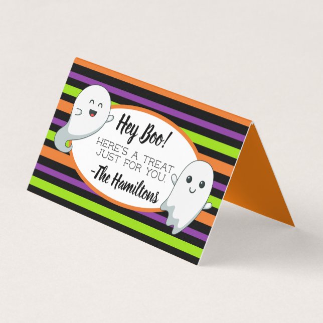 Halloween Ghost "Hey Boo" Treat Bag Topper Business Card (Front)