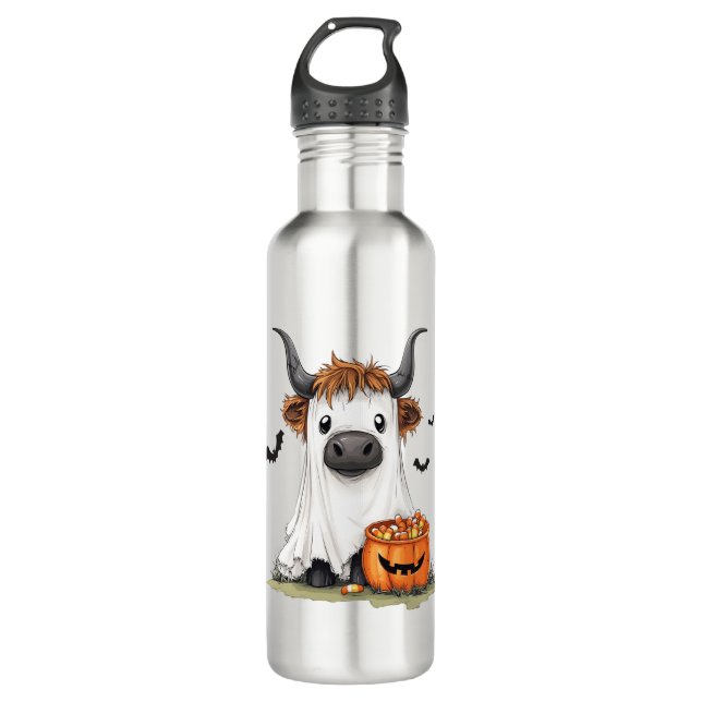 Halloween Ghost Highland Cow PNG 710 Ml Water Bottle (Front)