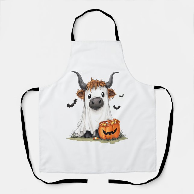 Halloween Ghost Highland Cow PNG Apron (Front)