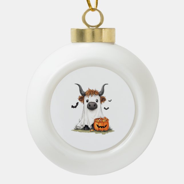 Halloween Ghost Highland Cow PNG Ceramic Ball Christmas Ornament (Front)