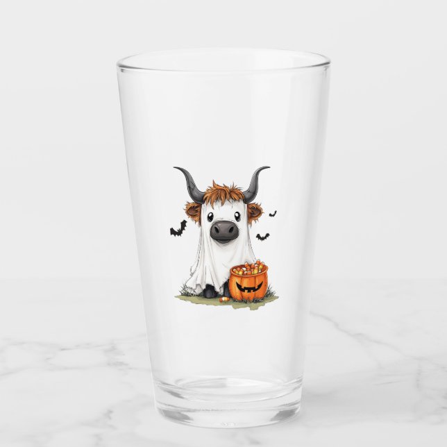 Halloween Ghost Highland Cow PNG Glass (Front)