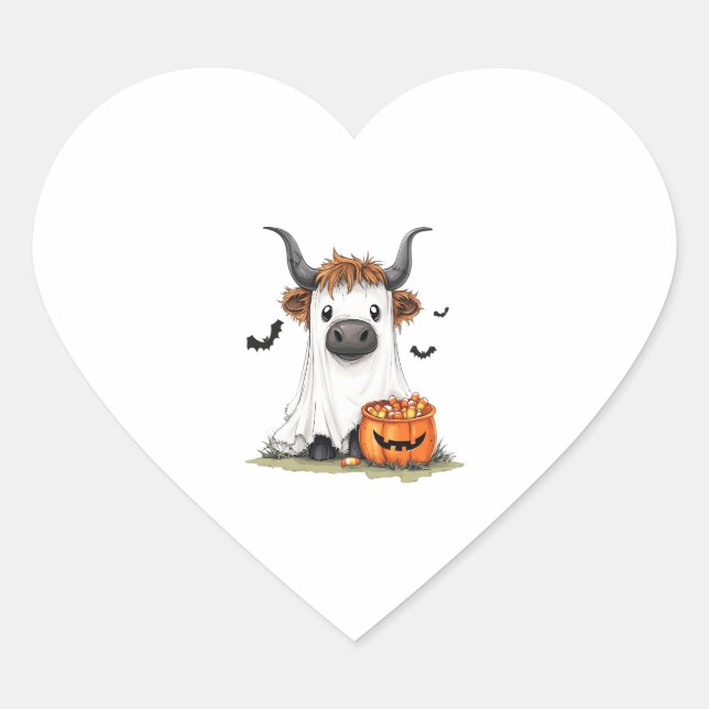 Halloween Ghost Highland Cow PNG Heart Sticker (Front)