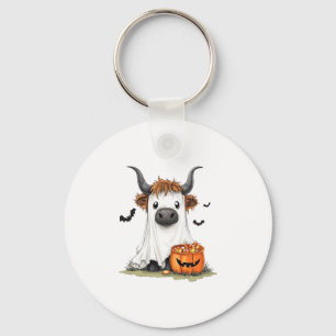 Halloween Ghost Highland Cow PNG Key Ring