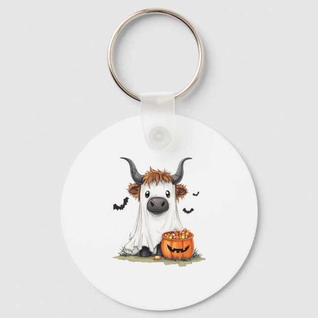 Halloween Ghost Highland Cow PNG Key Ring (Front)